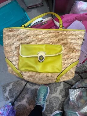 Coach Straw Tote with Yellow Trim and Front Pocket